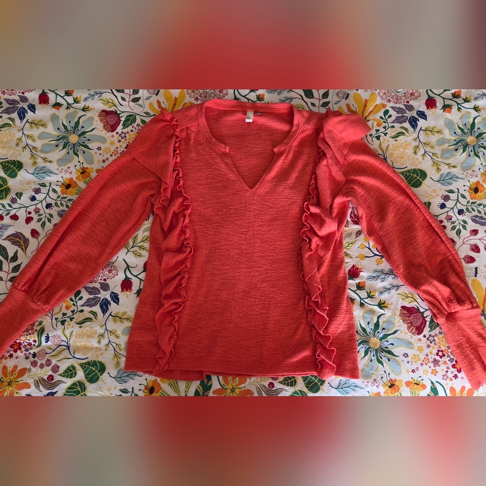 Pilcro Vibrant Coral Knit Sweater With Ruffles